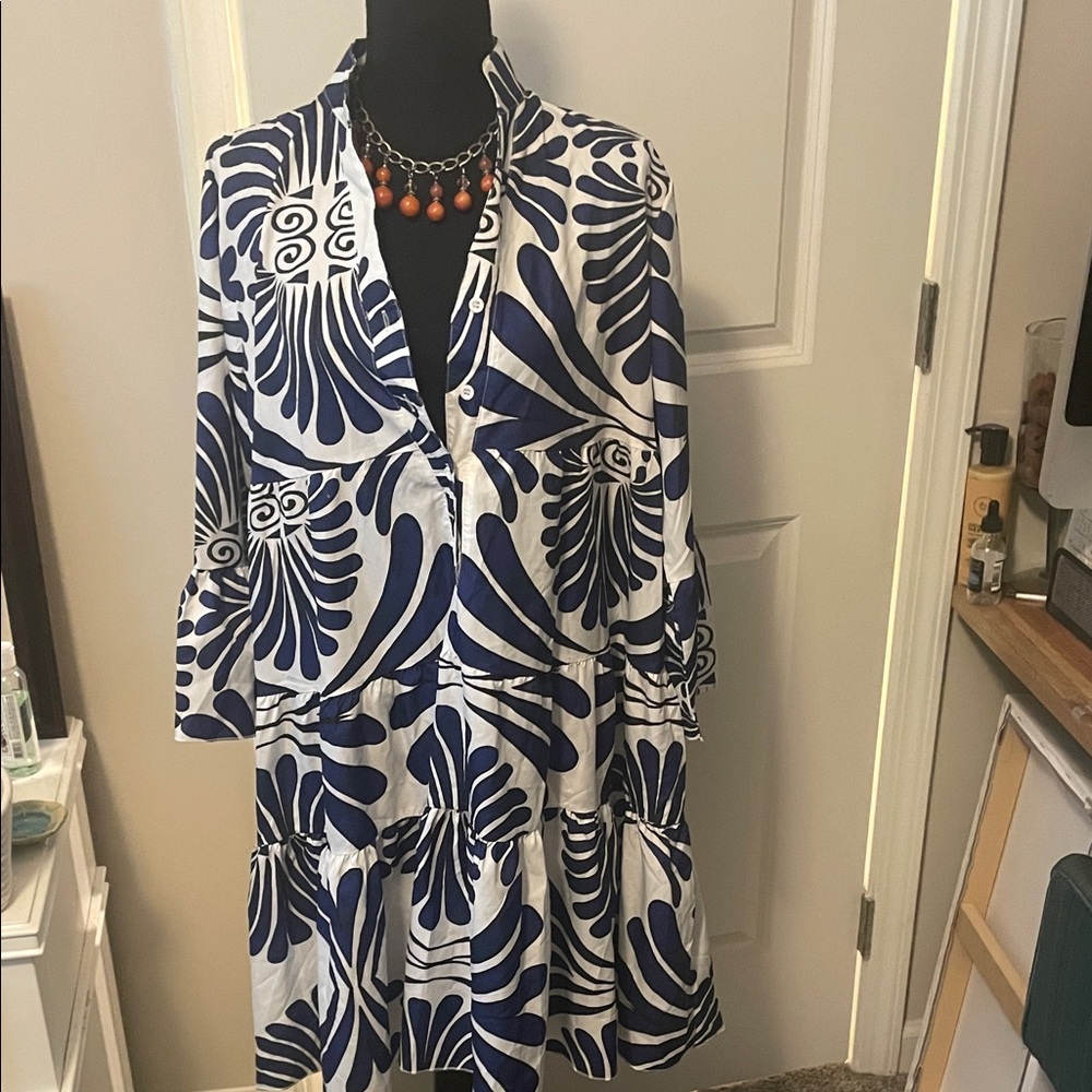 Elegant Blue and White Long Sleeve Dress